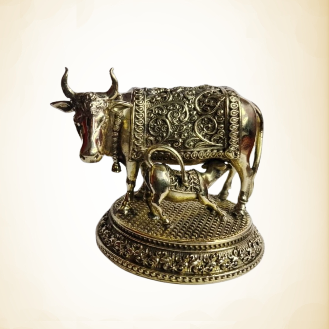 Navkara Cow and Calf Idol | 3 Inch | Brass Finish | 240g | Sacred Kamdhenu Statue for Home Temple, Vastu, and Gifting