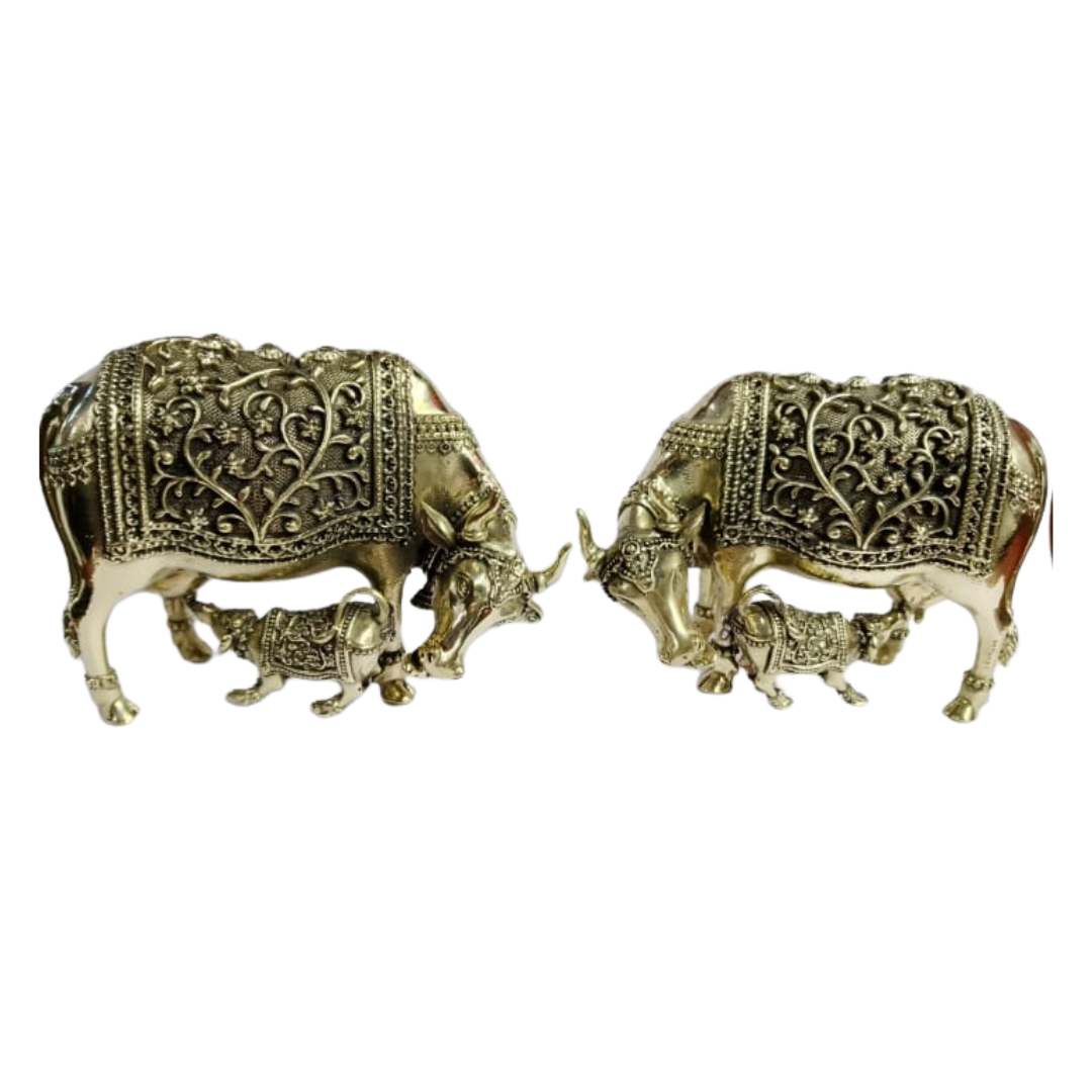 Navkara Cow and Calf Idol | 2.5 Inch | 350g | Antique Brass Finish | Kamdhenu Statue for Home Temple, Vastu, and Spiritual Gifting