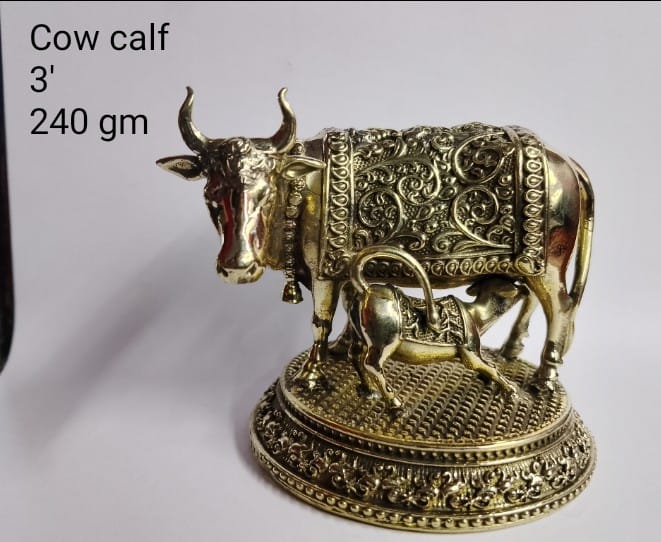 Navkara Cow and Calf Idol | 3 Inch | Brass Finish | 240g | Sacred Kamdhenu Statue for Home Temple, Vastu, and Gifting