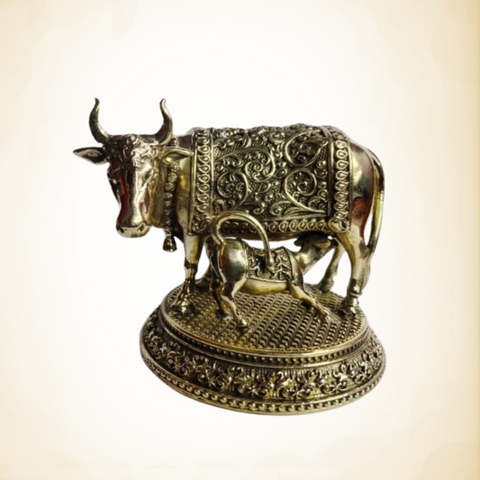 Navkara Cow and Calf Idol | 3 Inch | Brass Finish | 240g | Sacred Kamdhenu Statue for Home Temple, Vastu, and Gifting